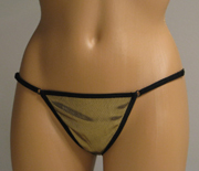 Gold thong with black trim.